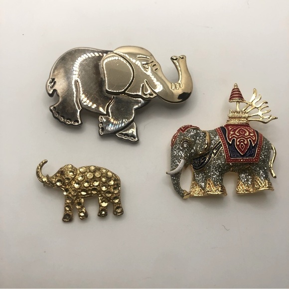 X3 Vtg Elephant Brooch Bundle x1 Silver atone x2 Gold Tone - Picture 1 of 6
